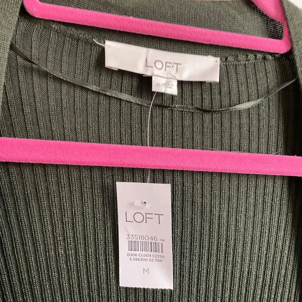 LOFT Dark Green Ribbed Longline Open Front‎ Cardigan - Size Medium - NEW